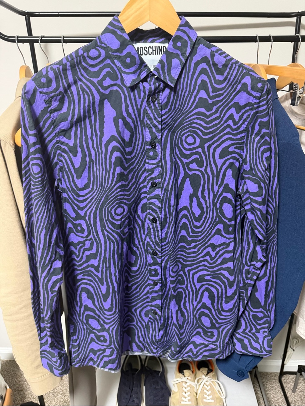 Moschino Purple and Black Abstract Wave-Pattern Button-Down Shirt